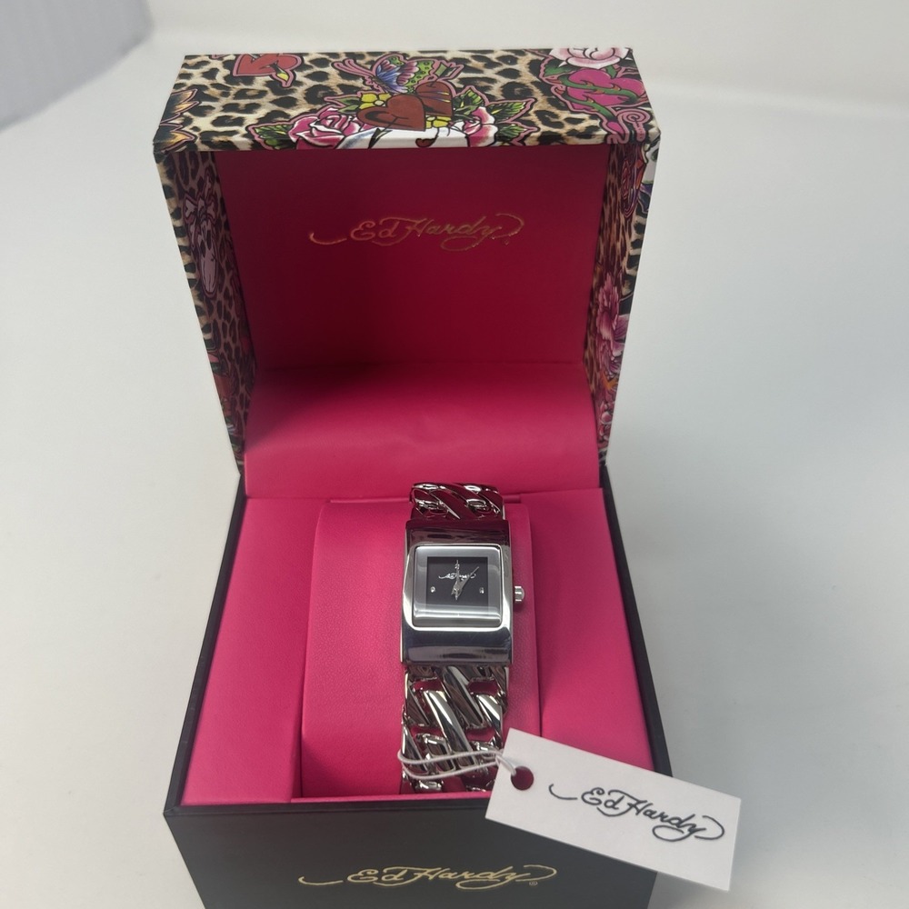 NIB Ed Hardy Women's Silver Tone Chain Link Watch Square Dial ($75 Retail)